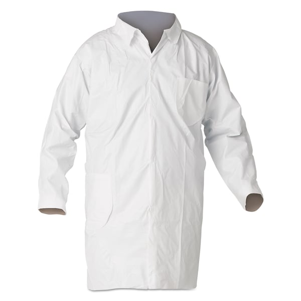 A40 Lab Coat, Microporous Film, Four-Snap Closure Closure, White, Large, 30 PK